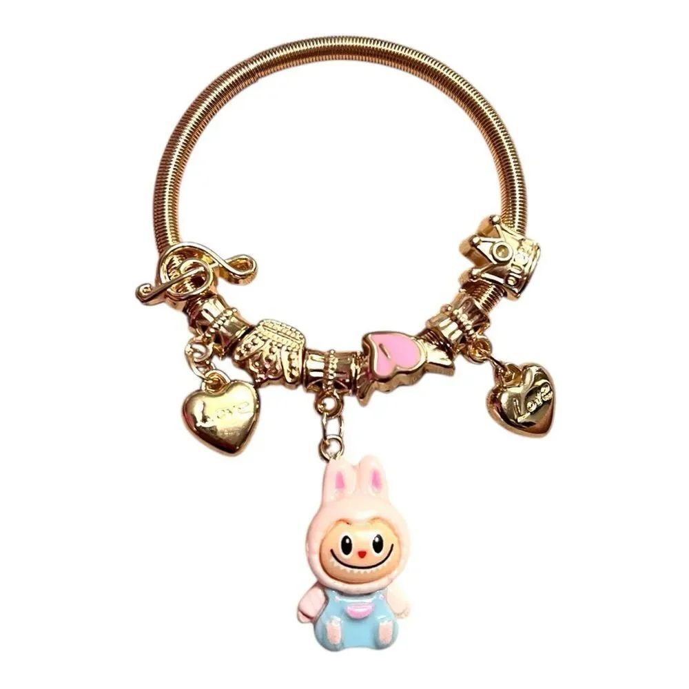 🤯5/$25🤯 Stretchy Pink Labubu Love Heart Crown Note Gold Child’s Charm Bracelet